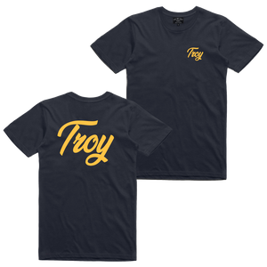 Simple and clean, our "Simple Script" tee features the word Troy in gold script on the front and back of a navy blue tee.  Only found at 518 Prints