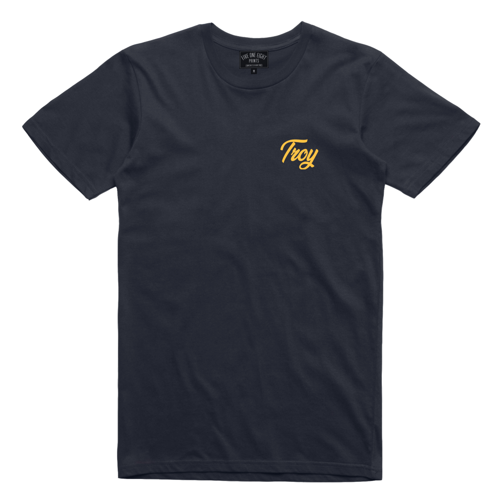 Simple and clean, our "Simple Script" tee features the word Troy in gold script on the front and back of a navy blue tee.  Only found at 518 Prints