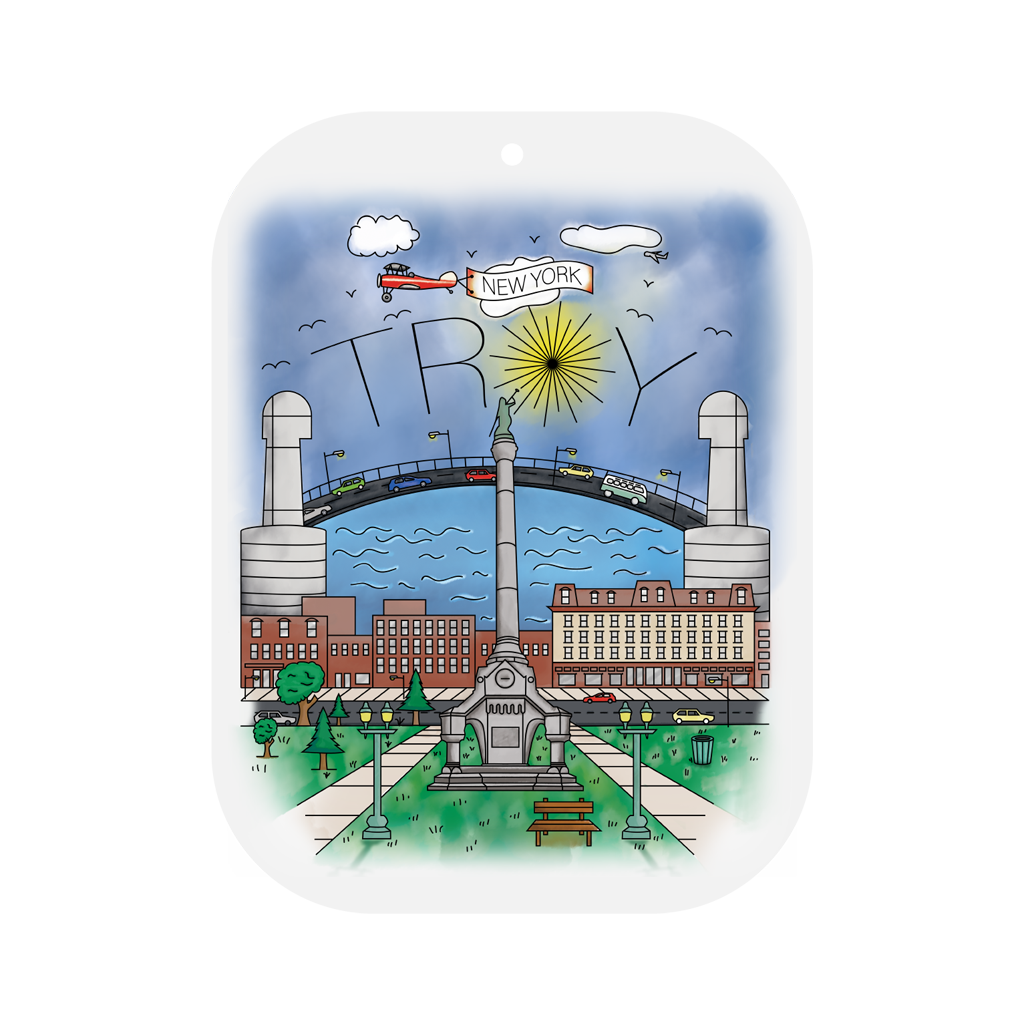 Yes, we made air fresheners! Featuring our original Troy Airbrush illustration on a lavender or vanilla scented freshener.  Only found at 518 Prints