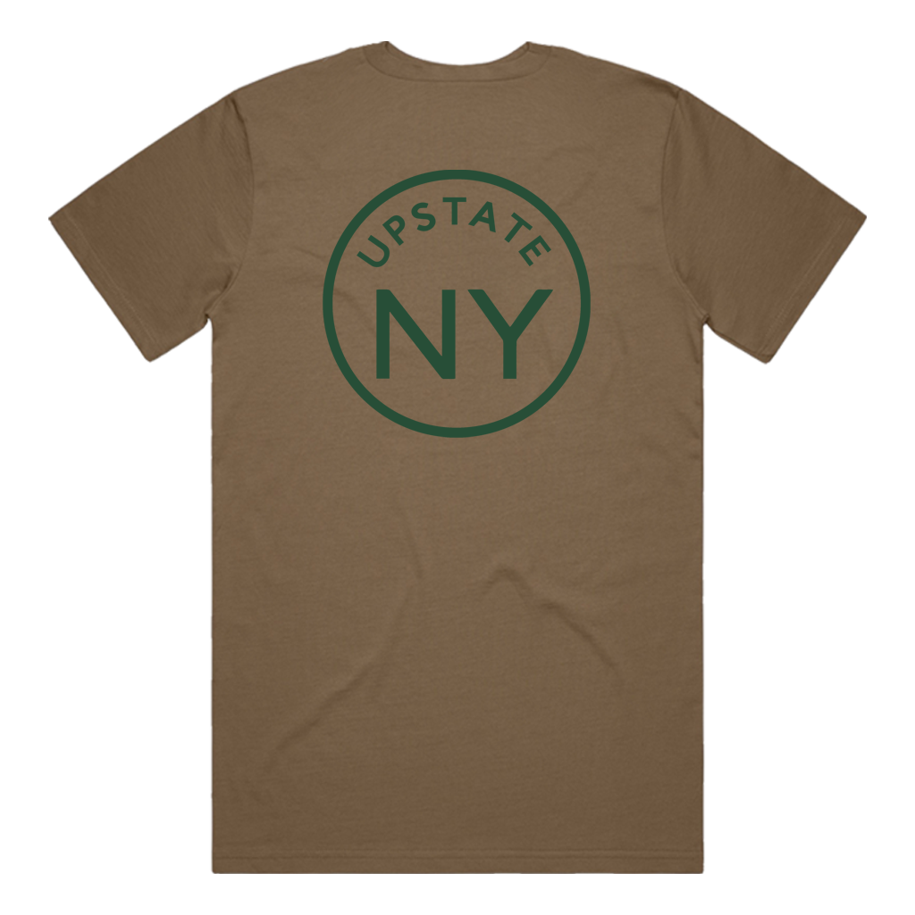If you haven't guessed, we're big fans of Upstate NY and think it's the best place in the world. Rock your Upstate roots (or just your love for the area!) in our custom "Upstate Circle" pocket tee in dark khaki. Printed on the back and front pocket in green ink.  Only found at 518 Prints