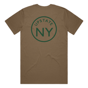 If you haven't guessed, we're big fans of Upstate NY and think it's the best place in the world. Rock your Upstate roots (or just your love for the area!) in our custom "Upstate Circle" pocket tee in dark khaki. Printed on the back and front pocket in green ink.  Only found at 518 Prints