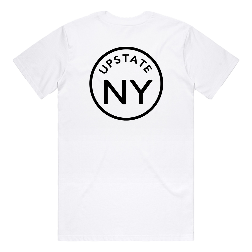If you haven't guessed, we're big fans of Upstate NY and think it's the best place in the world. Rock your Upstate roots (or just your love for the area!) in our custom "Upstate Circle" pocket tee in white. Printed on the back and front pocket in black ink.  Only found at 518 Prints