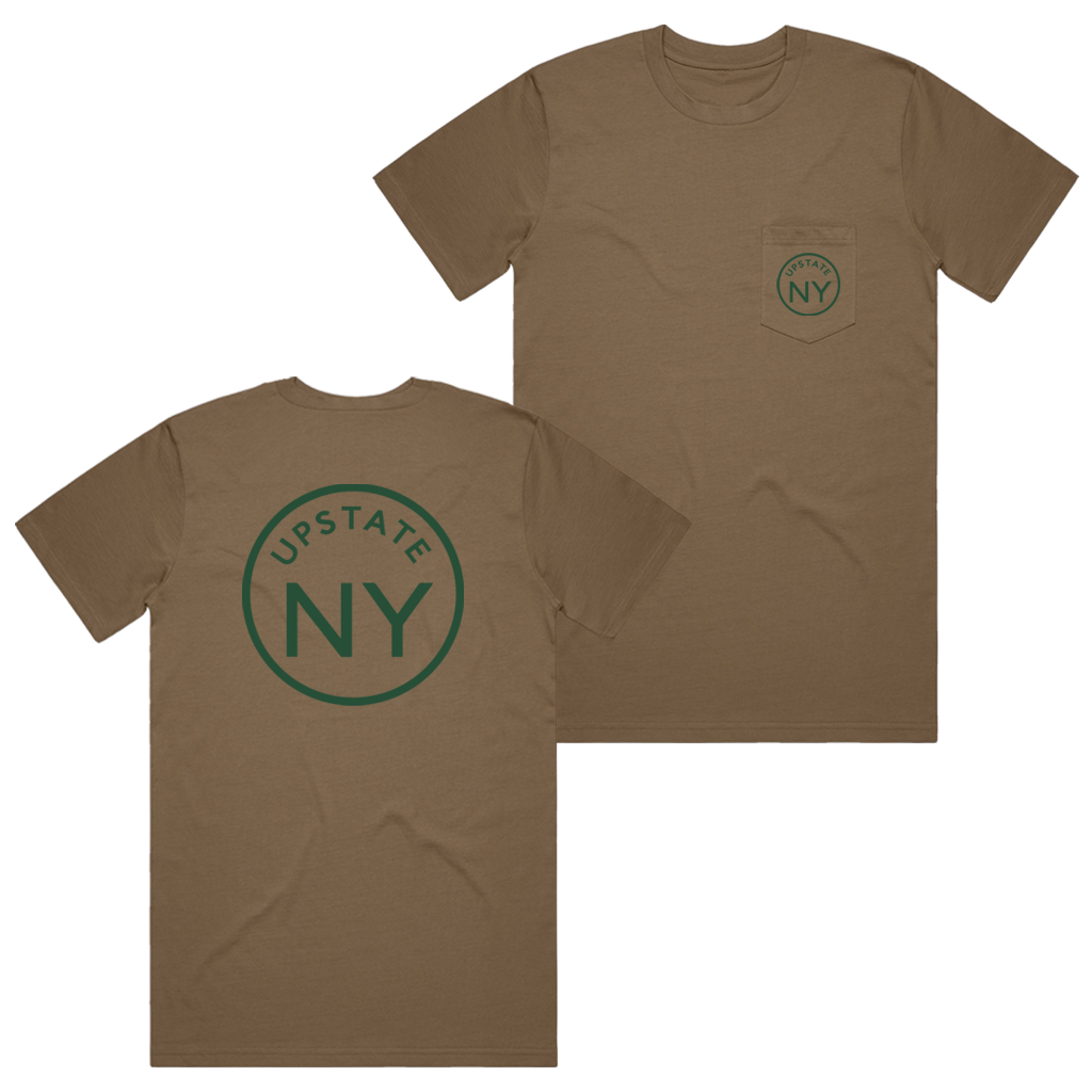 If you haven't guessed, we're big fans of Upstate NY and think it's the best place in the world. Rock your Upstate roots (or just your love for the area!) in our custom "Upstate Circle" pocket tee in dark khaki. Printed on the back and front pocket in green ink.  Only found at 518 Prints