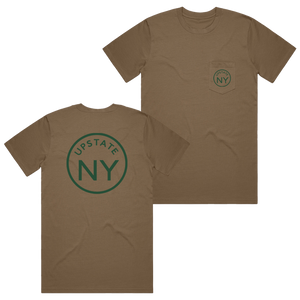 If you haven't guessed, we're big fans of Upstate NY and think it's the best place in the world. Rock your Upstate roots (or just your love for the area!) in our custom "Upstate Circle" pocket tee in dark khaki. Printed on the back and front pocket in green ink.  Only found at 518 Prints