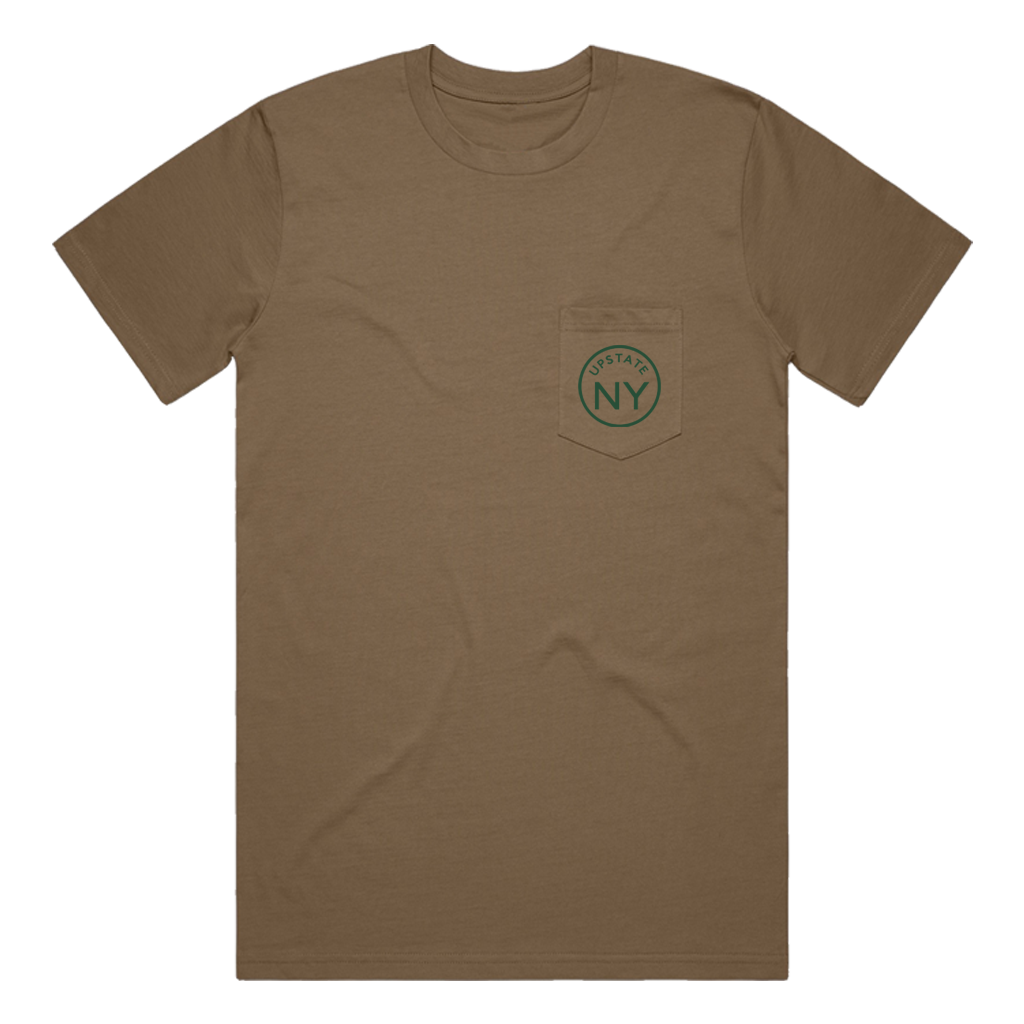 If you haven't guessed, we're big fans of Upstate NY and think it's the best place in the world. Rock your Upstate roots (or just your love for the area!) in our custom "Upstate Circle" pocket tee in dark khaki. Printed on the back and front pocket in green ink.  Only found at 518 Prints