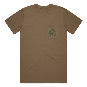 If you haven't guessed, we're big fans of Upstate NY and think it's the best place in the world. Rock your Upstate roots (or just your love for the area!) in our custom "Upstate Circle" pocket tee in dark khaki. Printed on the back and front pocket in green ink.  Only found at 518 Prints