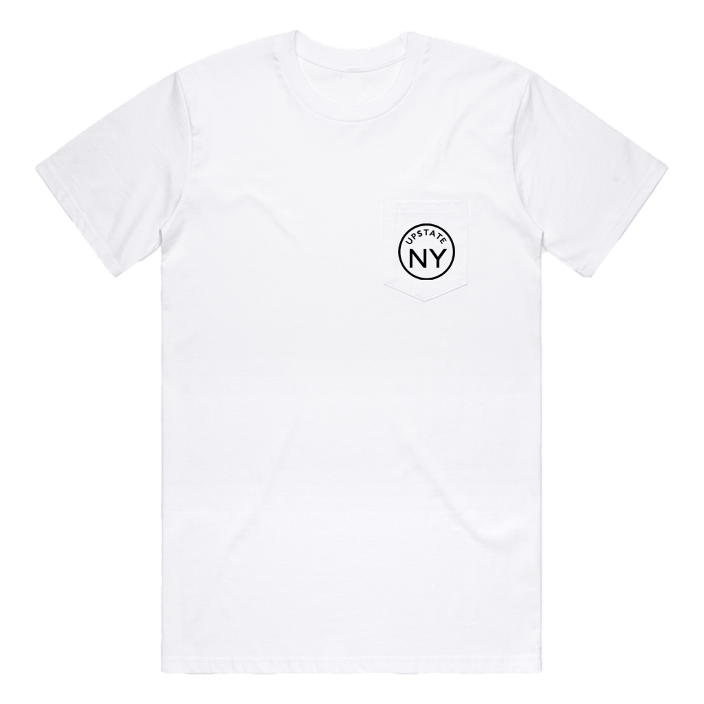 If you haven't guessed, we're big fans of Upstate NY and think it's the best place in the world. Rock your Upstate roots (or just your love for the area!) in our custom "Upstate Circle" pocket tee in white. Printed on the back and front pocket in black ink.  Only found at 518 Prints