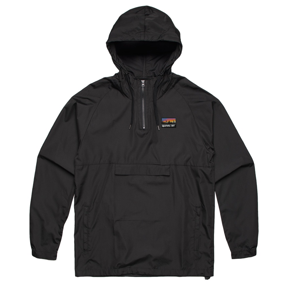 A big statement on a small patch! Our custom-woven Upstate NY patch features a stylized sunrise over a forest skyline. The patch is sewn to the front left chest of a quarter-zip black hooded jacket.  Only found at 518 Prints