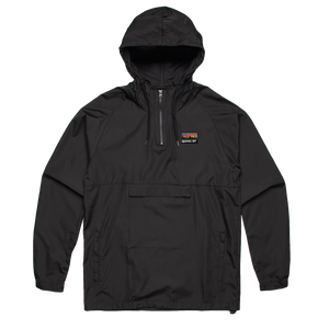 A big statement on a small patch! Our custom-woven Upstate NY patch features a stylized sunrise over a forest skyline. The patch is sewn to the front left chest of a quarter-zip black hooded jacket.  Only found at 518 Prints