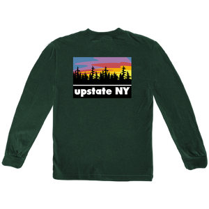 Our Upstate Patch design, printed on the back of a shirt! Design features a stylized sunset behind a forest skyline with the words "Upstate NY" in contrasting white. Printed on the front and back of a ringspun, heather green long sleeve tee.  Only found at 518 Prints