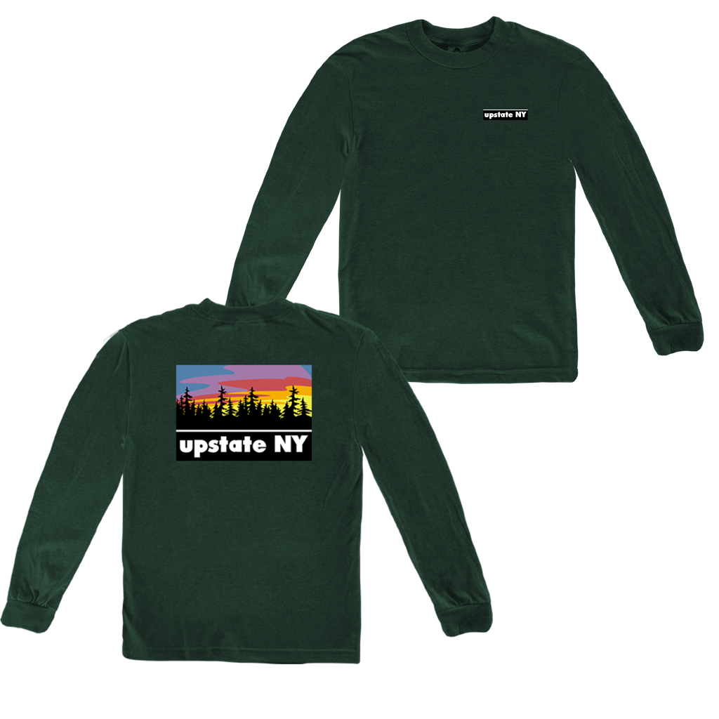 Our Upstate Patch design, printed on the back of a shirt! Design features a stylized sunset behind a forest skyline with the words "Upstate NY" in contrasting white. Printed on the front and back of a ringspun, heather green long sleeve tee.  Only found at 518 Prints