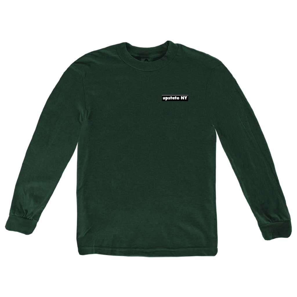 Our Upstate Patch design, printed on the back of a shirt! Design features a stylized sunset behind a forest skyline with the words "Upstate NY" in contrasting white. Printed on the front and back of a ringspun, heather green long sleeve tee.  Only found at 518 Prints