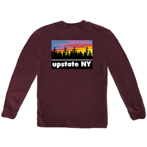 Our Upstate Patch design, printed on the back of a shirt! Design features a stylized sunset behind a forest skyline with the words "Upstate NY" in contrasting white. Printed on the front and back of a ringspun, heather maroon long sleeve tee.  Only found at 518 Prints