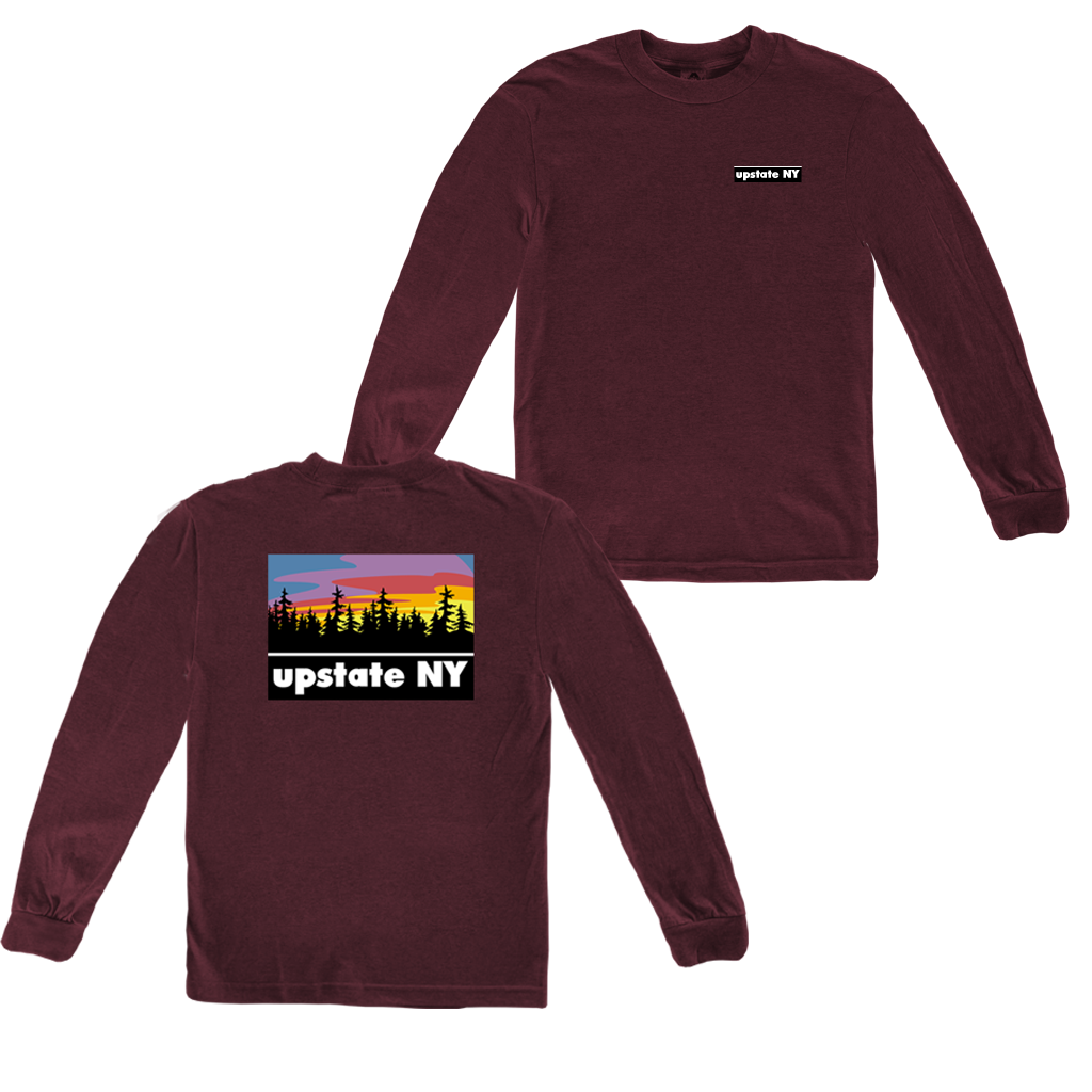 Our Upstate Patch design, printed on the back of a shirt! Design features a stylized sunset behind a forest skyline with the words "Upstate NY" in contrasting white. Printed on the front and back of a ringspun, heather maroon long sleeve tee.  Only found at 518 Prints