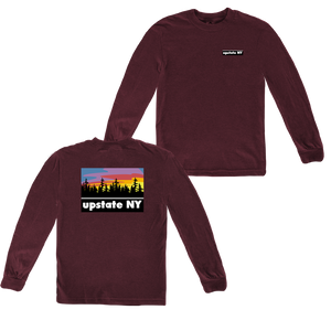 Our Upstate Patch design, printed on the back of a shirt! Design features a stylized sunset behind a forest skyline with the words "Upstate NY" in contrasting white. Printed on the front and back of a ringspun, heather maroon long sleeve tee.  Only found at 518 Prints