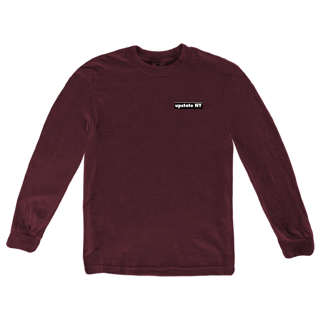 Our Upstate Patch design, printed on the back of a shirt! Design features a stylized sunset behind a forest skyline with the words "Upstate NY" in contrasting white. Printed on the front and back of a ringspun, heather maroon long sleeve tee.  Only found at 518 Prints