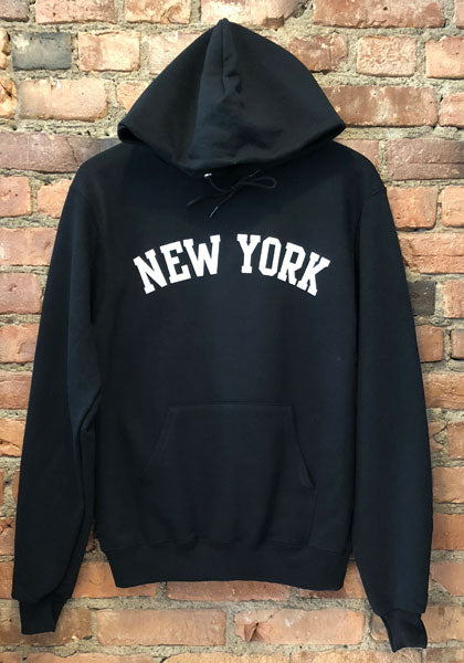 Black hooded sweatshirt with the words "NEW YORK" arched across the chest in white.