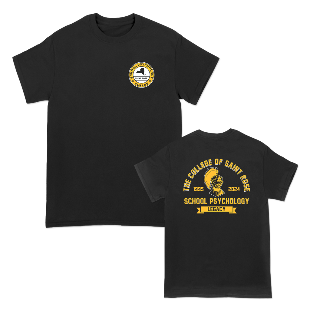 The Saint Rose School of Psychology Association 2024 Legacy Tee, printed on the front and back of a black tee.