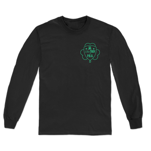 Troy Police Benevolent Association's St. Patrick's Day Design on the front and Collar City Seal design on the back of a black cotton longsleeve shirt. 