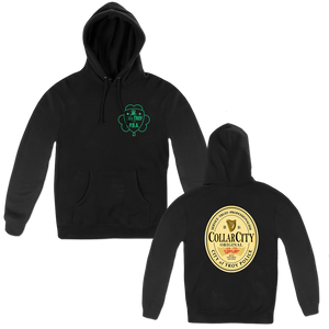 Troy Police Benevolent Association's St. Patrick's Day Design on the front and Collar City Seal design on the back of a black heavyweight hooded sweatshirt.