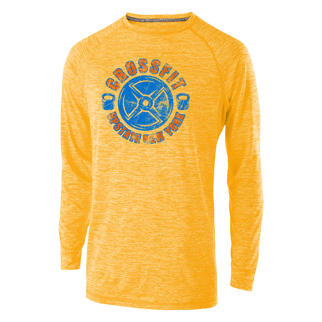 Stand out at your local gym in this sunny yellow heather athletic longsleeve featuring a custom 2-color crossfit design. Breathable and comfortable for even the hardest workouts.