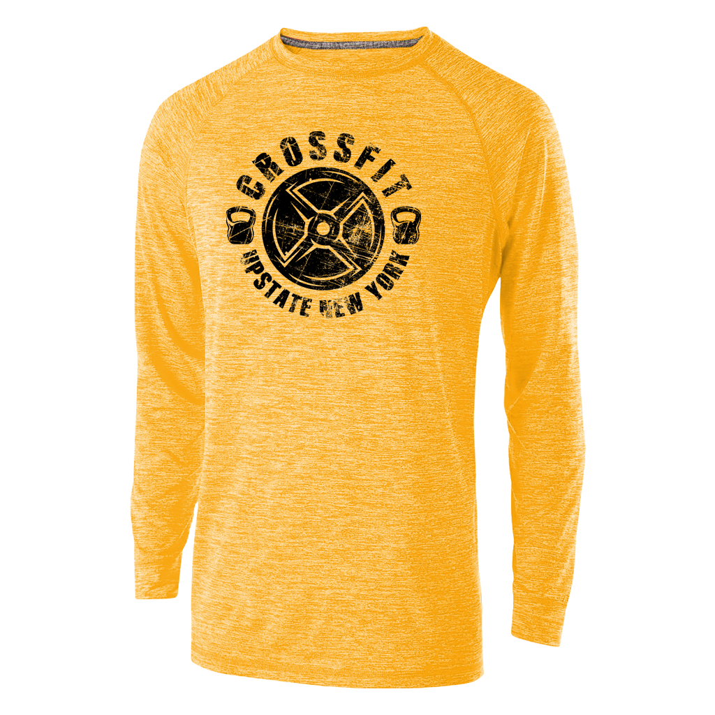 Stand out at your local gym in this sunny yellow heather athletic longsleeve featuring a custom crossfit design printed in black. Breathable and comfortable for even the hardest workouts.  *Found Only At 518 Prints*