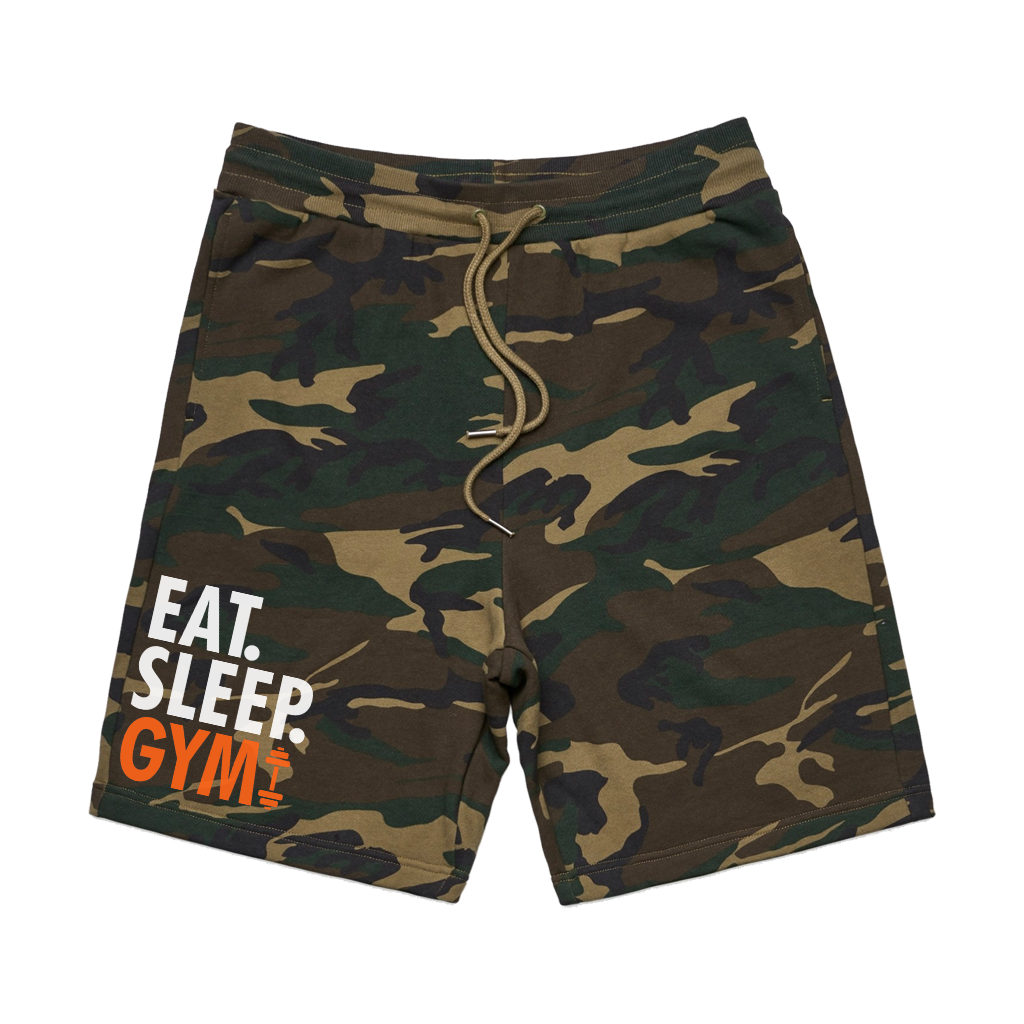 Eat, sleep, gym, repeat. Let your shorts do the talking! Printed on comfortable camo-patterned shorts, you're sure to make a statement wherever you go.  *Found Only At 518 Prints*