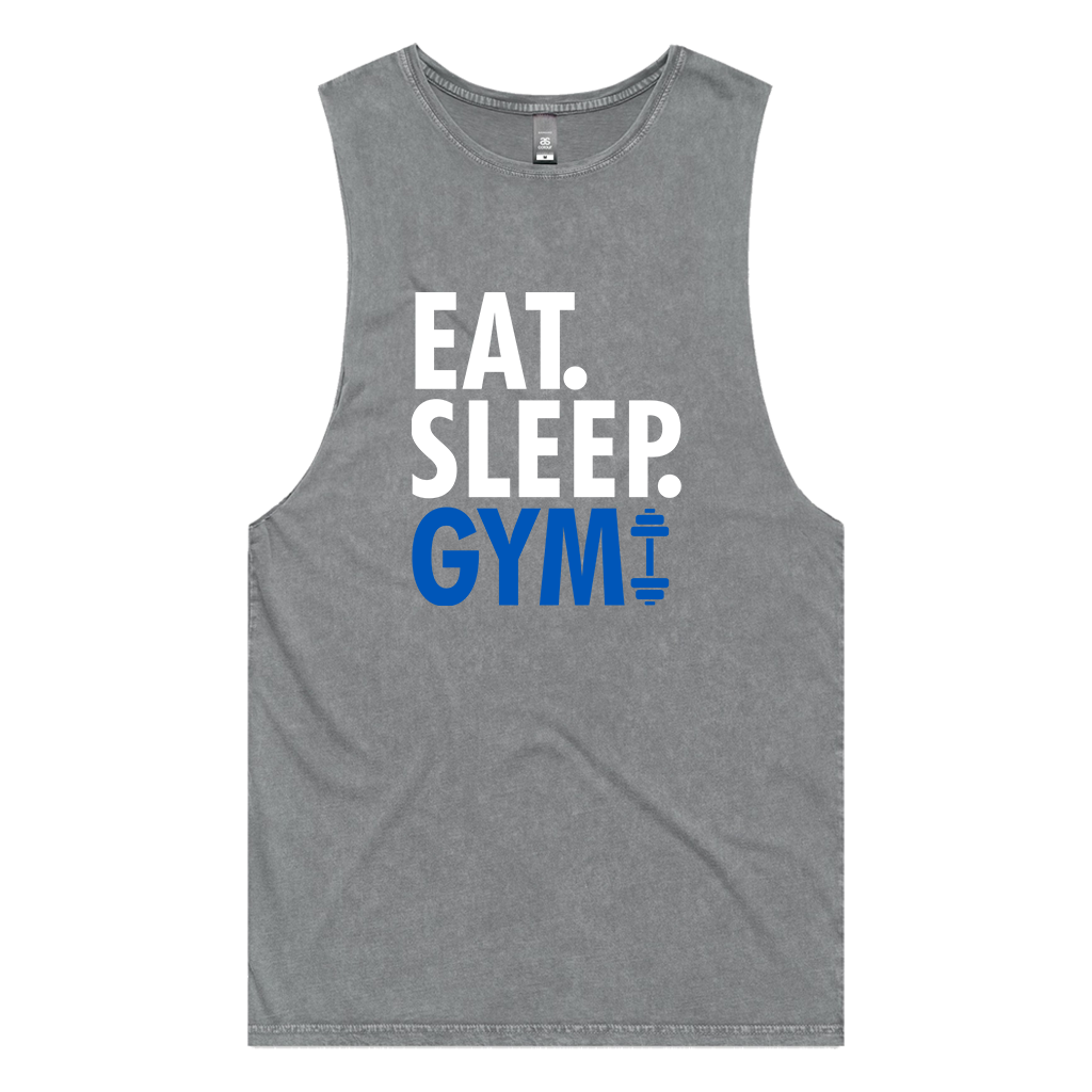 You know the mantra. Eat, sleep, gym, repeat! Printed on an ultra-comfortable cutoff tank.  *Found Only At 518 Prints.*