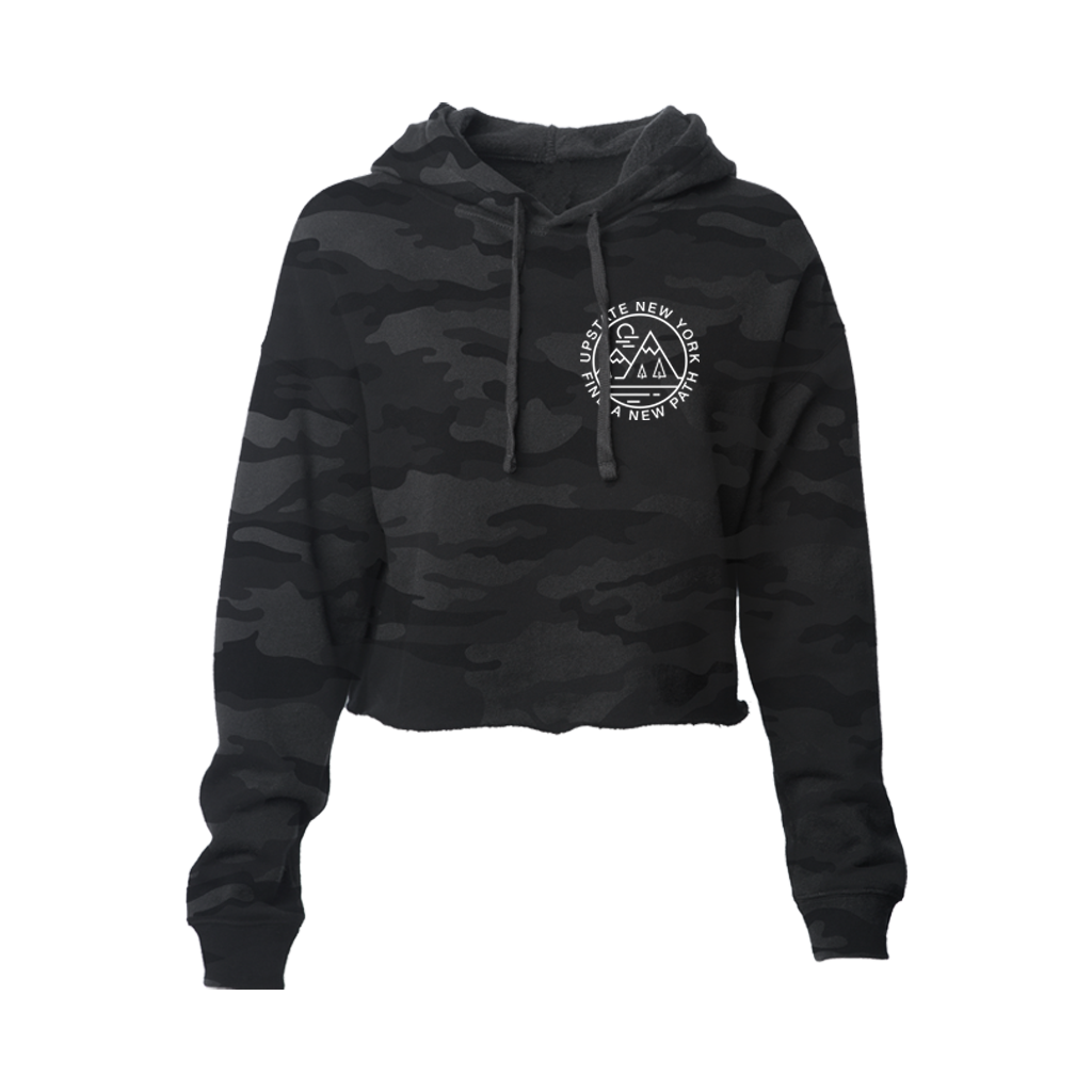 Find a new path in our original design "Find A New Path" cropped hoodie. Printed in white ink on the front and back of a black camouflage-patterned cropped hooded sweatshirt.  Only Found at 518 Prints