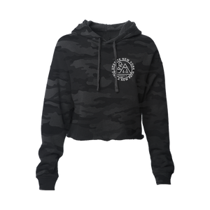 Find a new path in our original design "Find A New Path" cropped hoodie. Printed in white ink on the front and back of a black camouflage-patterned cropped hooded sweatshirt.  Only Found at 518 Prints