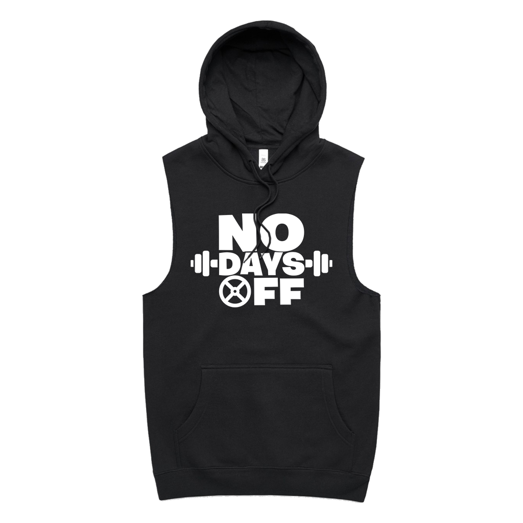 Show off your hard-earned muscles or just let your arms breathe in this custom sleeveless pull hood, featuring the immortal words "No Days Off" printed on the front.