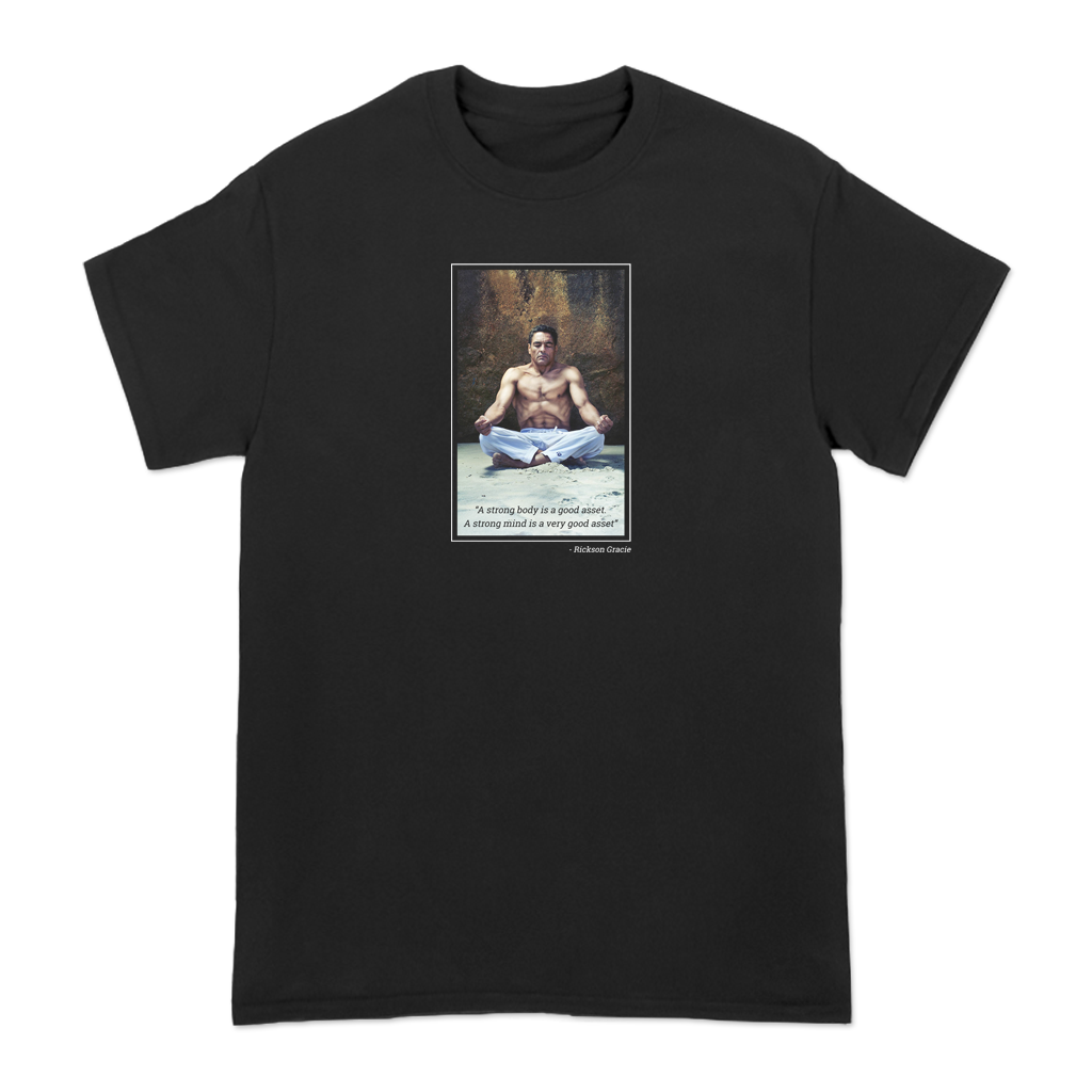 Feel your best in this tee featuring a photo of Rickson Gracie, 9th degree red belt in Brazilian Jiu-Jitsu, as well as his quote "A strong body is a good asset, a strong mind is a very good asset."  *Found Only At 518 Prints*