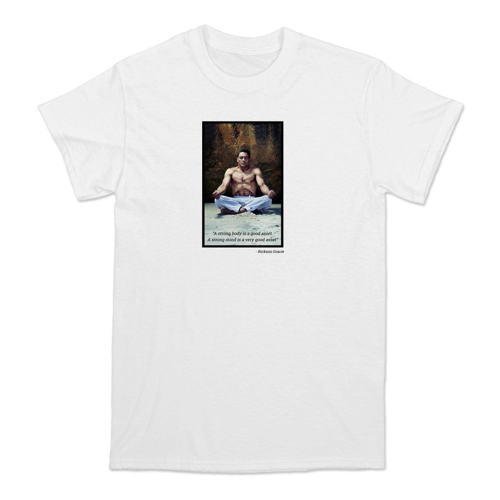 Feel your best in this tee featuring a photo of Rickson Gracie, 9th degree red belt in Brazilian Jiu-Jitsu, as well as his quote "A strong body is a good asset, a strong mind is a very good asset."  *Found Only At 518 Prints*