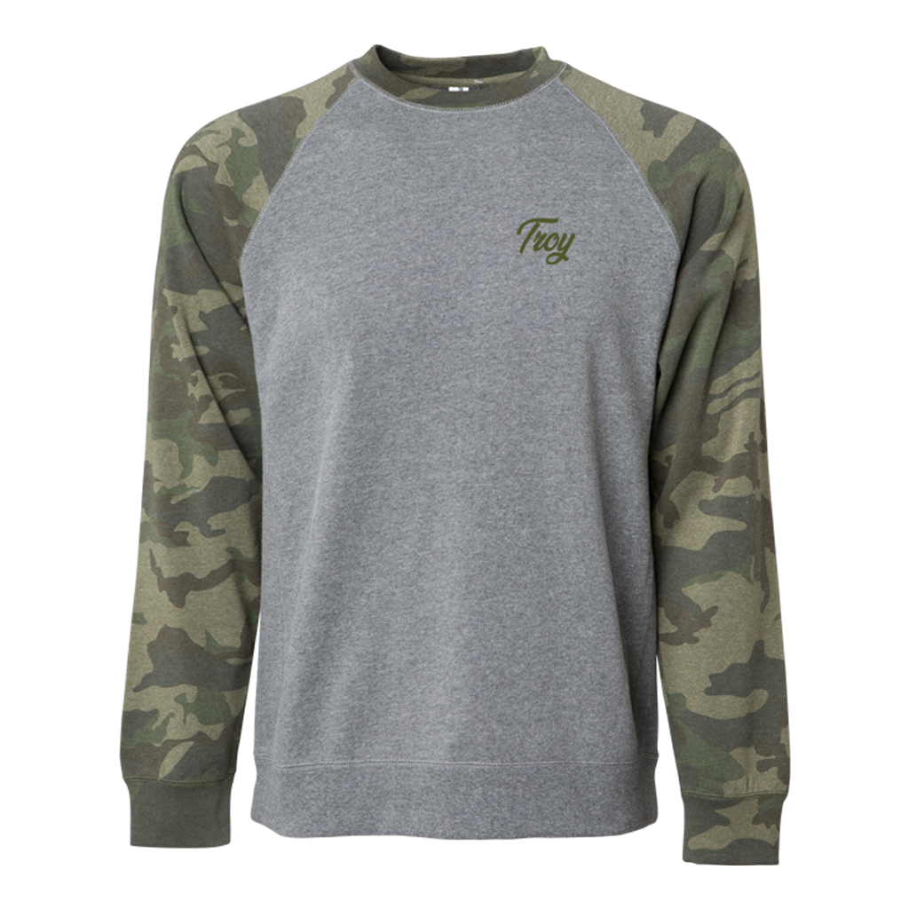 Simple, clean, and stylish. Rock our Troy Simple Script design on an ultra-comfy grey crewneck with camo-patterned sleeves and show everyone your hometown pride.  Only found at 518 Prints