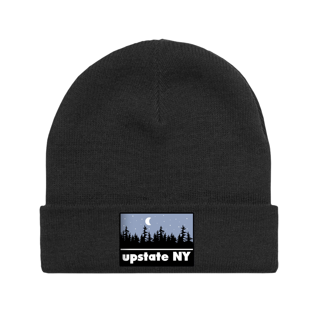Featuring our custom "Upstate Night" patch, this black beanie is perfect for chilly weather. The patch features the words "Upstate NY" and a design of a forest and moon skyline.  Only found at 518 Prints