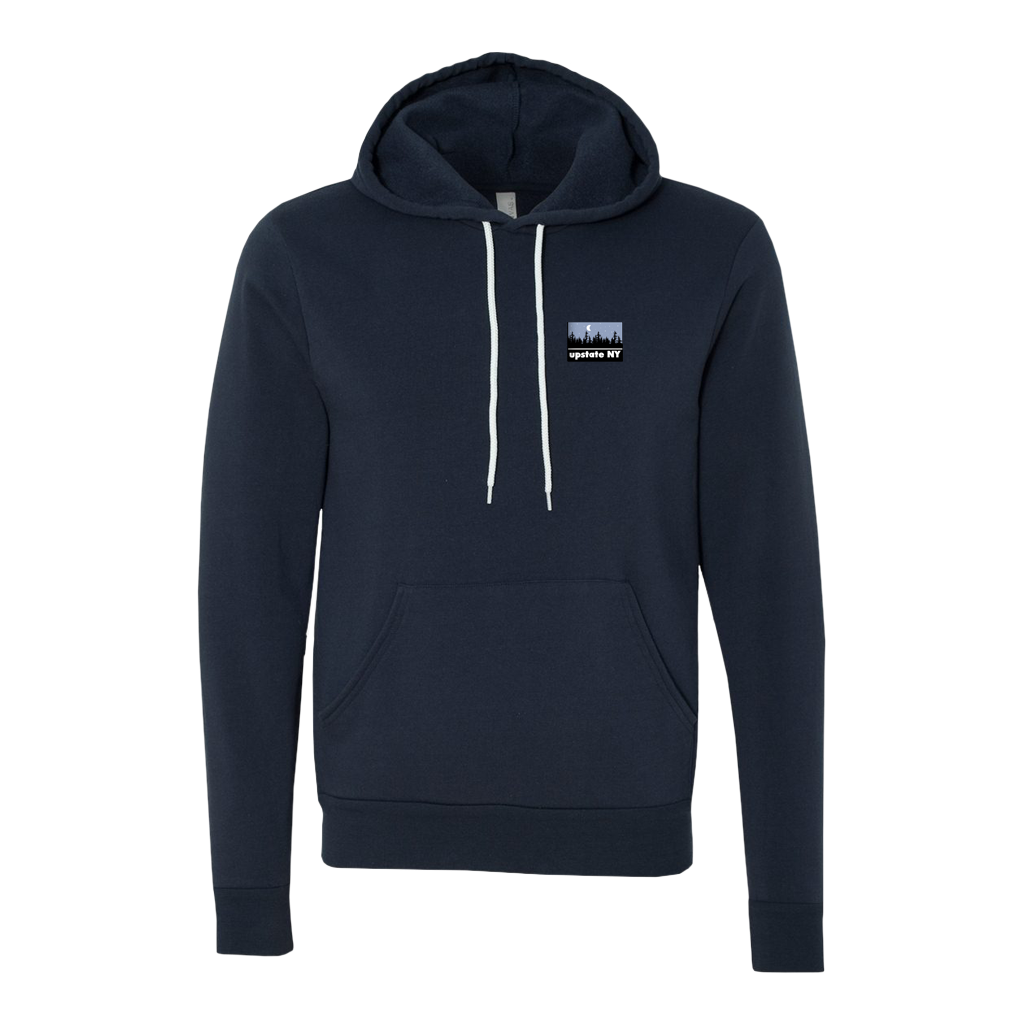This ultra-comfortable hoodie features our custom "Upstate Night" patch on the right chest. The patch has the words "Upstate NY" and a forest-and-moon skyline woven with a ton of detail.  Only found at 518 Prints