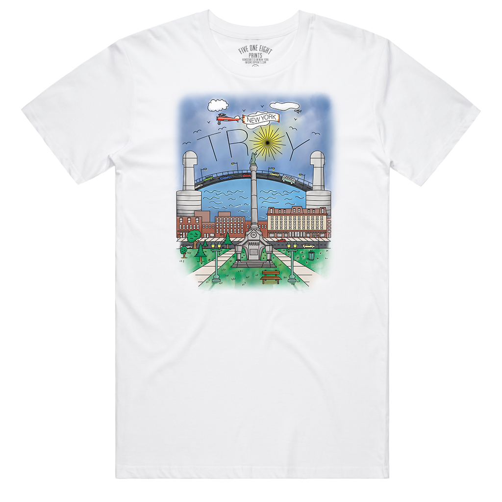 Wear a piece of art wherever you go. Our original design is an homage to the Collar City and features some of the most famous Troy landmarks!  Only found at 518 Prints