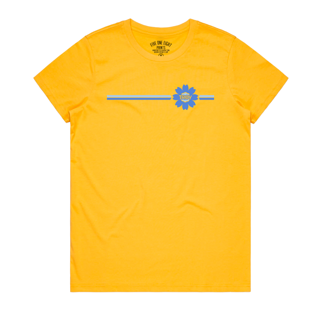 Sunny and bright, this tee is guaranteed to make you smile. Featuring a minimal, retro-inspired flower featuring the word "Troy" on a cheerful yellow women's/ladies tee.  Only found at 518 Prints