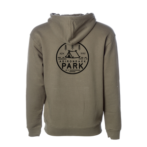 Show your love for America's first state preserve in our ultra-soft ADK 1892 hoodie in Army Green. Printed on the front and back with our own design, featuring a tent, trees, and the words "Adirondack Park."  Only Found at 518 Prints