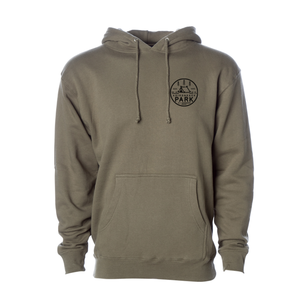 Show your love for America's first state preserve in our ultra-soft ADK 1892 hoodie in Army Green. Printed on the front and back with our own design, featuring a tent, trees, and the words "Adirondack Park."  Only Found at 518 Prints