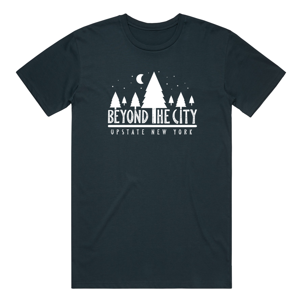 There's more to New York than the city! We're big fans of those starry Upstate nights, so we put them on a tee! This design features a line of trees in front of the stars and moon, with the trunks forming the words "Beyond The City." Design is printed in white ink on a midnight blue tee.  Only Found at 518 Prints