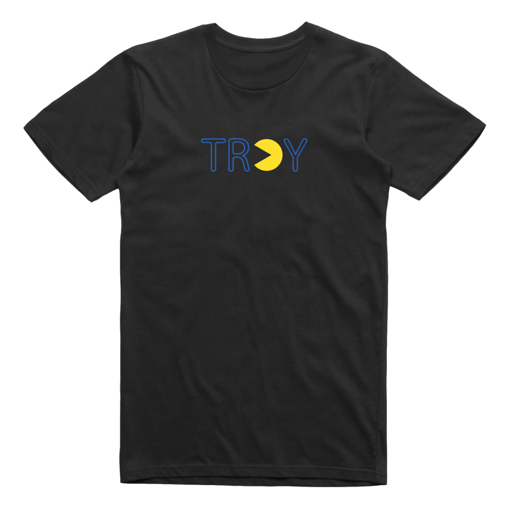 Gamers gonna game. Show your hometown pride in our original Pac-Man-inspired Troy, NY design, printed on the front and back of a black tee.  Only Found at 518 Prints