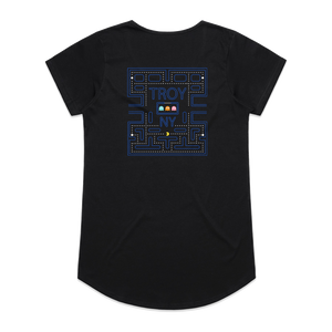 Gamers gonna game. Show your hometown pride in our original Pac-Man-inspired Troy, NY design, printed on the front and back of a black women's/ladies tee.  Only Found at 518 Prints