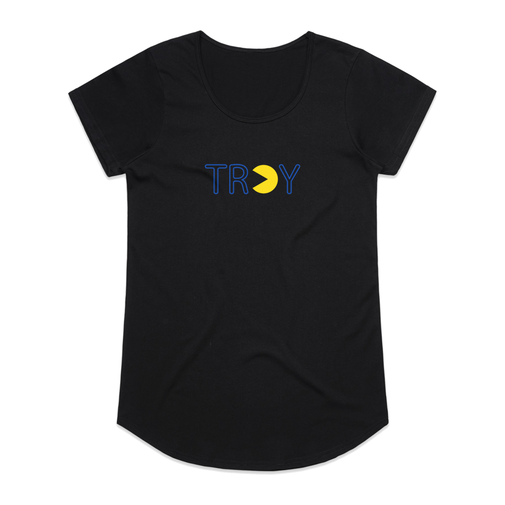 Gamers gonna game. Show your hometown pride in our original Pac-Man-inspired Troy, NY design, printed on the front and back of a black women's/ladies tee.  Only Found at 518 Prints