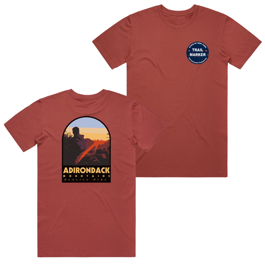 We love the ADKs so much, we took an original photo taken from the Gothics and put it on the back of an ultra-comfy tee. The front design features an illustration of an Adirondack Park trail marker.  Only found at 518 Prints  Tee features: Regular fit, crew neck, mid weight, 5.3 oz/yd2, 28-singles, 100% combed cotton (heathers 15% viscose), neck ribbing, side seamed, shoulder to shoulder tape, double needle hems, and preshrunk to minimize shrinkage.