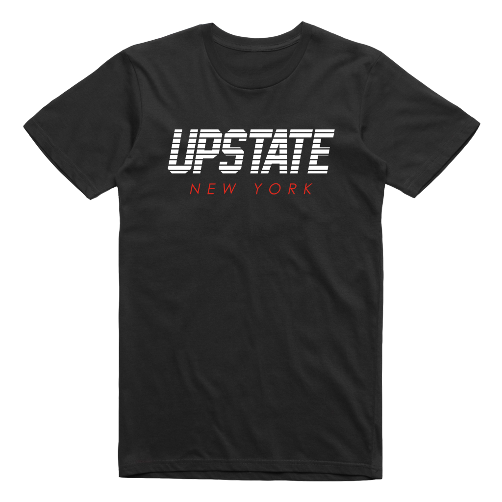 Simple and clean design to help you show your Upstate NY pride! Our Upstate Blinds design is printed in white and red ink on the front of a black tee.  Only found at 518 Prints
