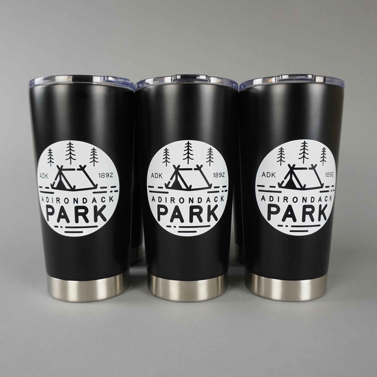 Original Adirondack Park design on a matte black 20 oz tumbler. Keep your beverage hot or cool in style.