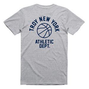 Show some hometown pride in sporty style. Our "Athletic Dept" tee features the words "Troy New York Athletic Dept." surrounding a basketball on both back and front chest prints. This design is printed on a comfortable yet tough athletic heather tee.  Only Found at 518 Prints
