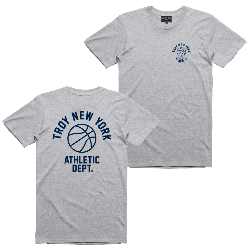 Show some hometown pride in sporty style. Our "Athletic Dept" tee features the words "Troy New York Athletic Dept." surrounding a basketball on both back and front chest prints. This design is printed on a comfortable yet tough athletic heather tee.  Only Found at 518 Prints