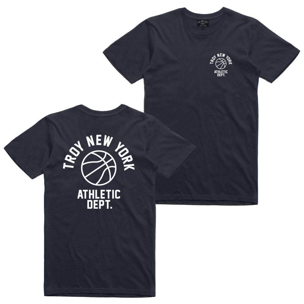 Show some hometown pride in sporty style. Our "Athletic Dept" tee features the words "Troy New York Athletic Dept." in white ink surrounding a basketball on both back and front chest prints. This design is printed on a comfortable yet tough navy blue tee.  Only Found at 518 Prints